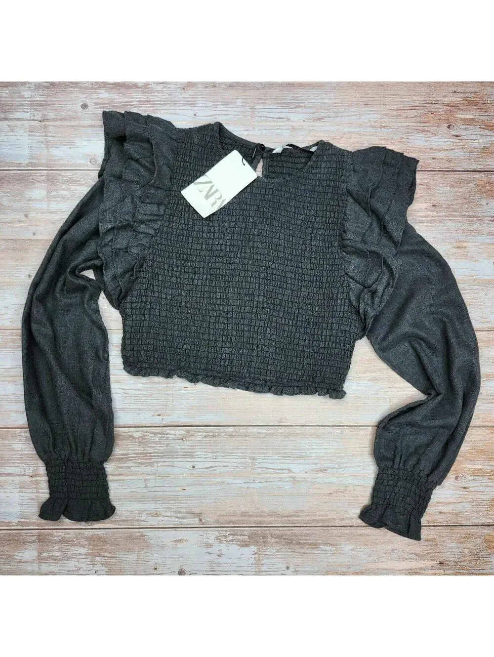 NEW Zara Smocked Ruffle Crop Top Gray Long Sleeve NWT Size Small